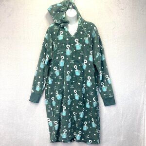 Life Is Good Fleece Hooded Nightgown Womens Medium M Green Mug Coffee Pockets